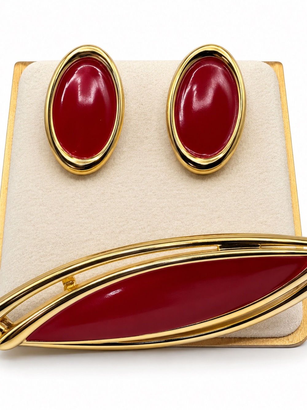 Vintage Monet Red Gold Brooch & Earrings Curated Pair Signed Monet Statement Jew - Picture 2 of 9